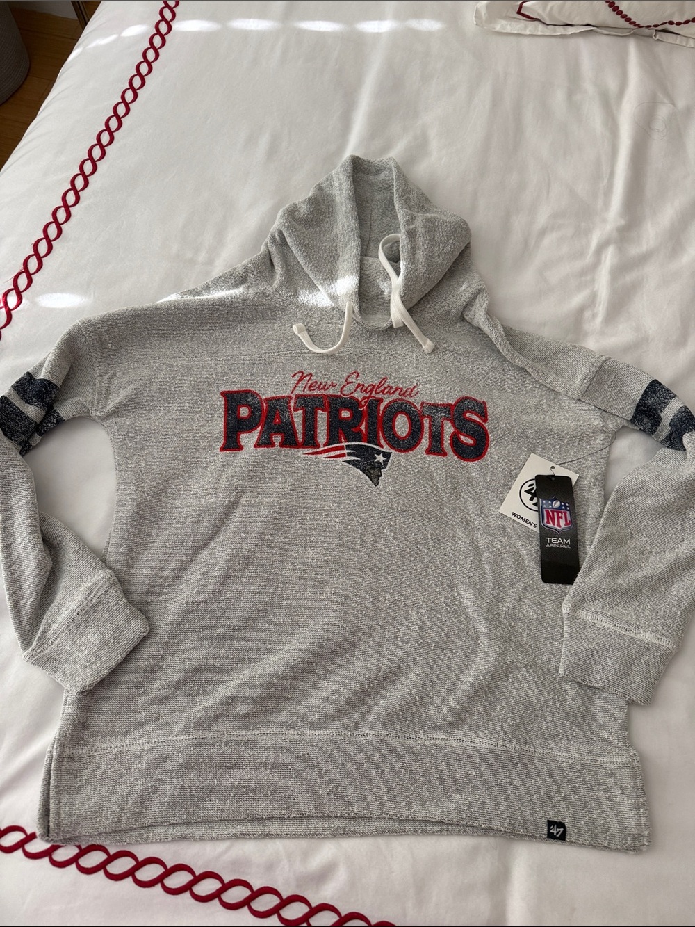 47 New England Patriots Heather Gray Funnel Neck with Navy Red Logo